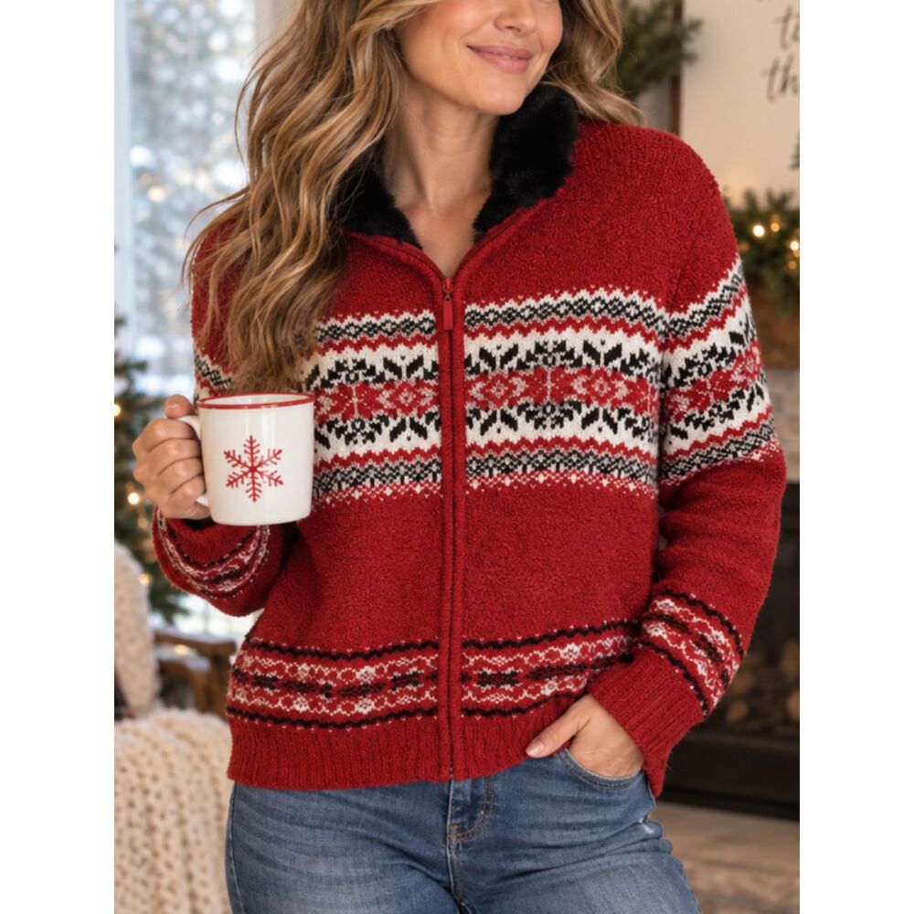 Vtg CAROLYN TAYLOR Cardigan Sweater Large Women's Red Knit Full Zip Faux Fur